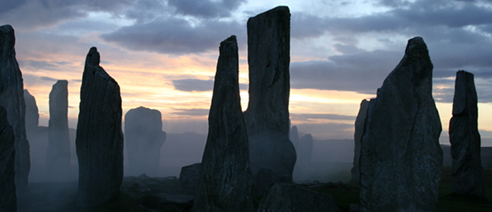 The Callanish Standing Stones in fog at dusk